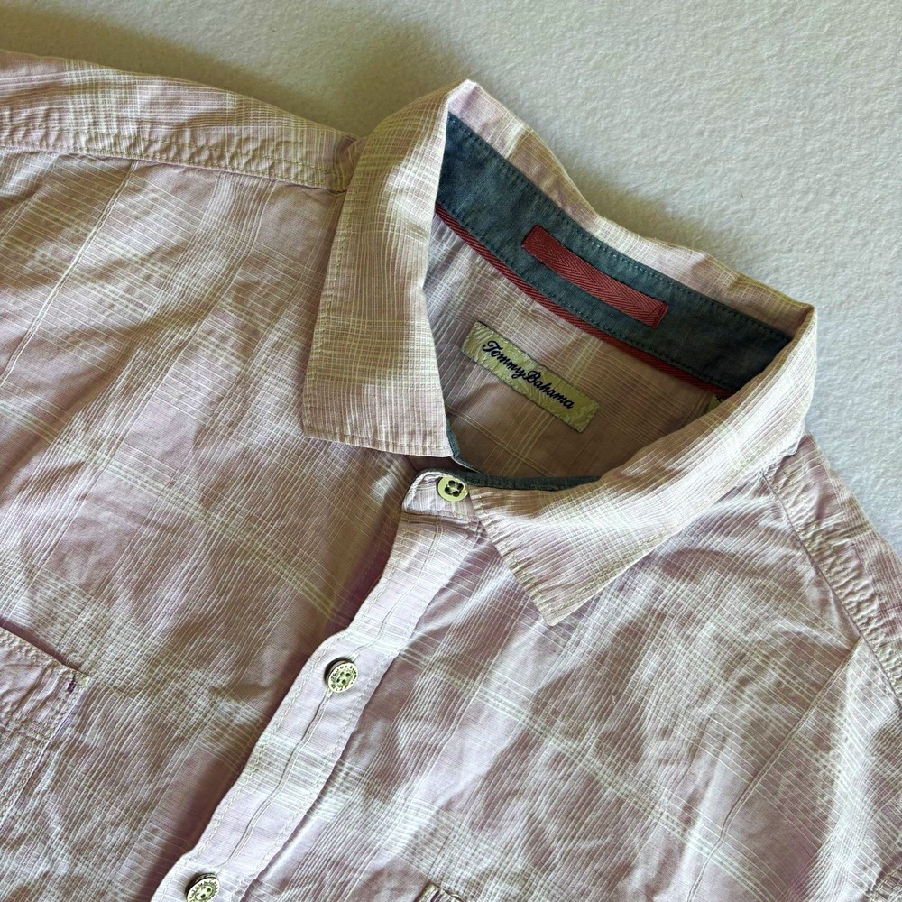 Tommy Bahama Men XXL Short Sleeve Button Up Shirt Purple Plaid Linen Blend